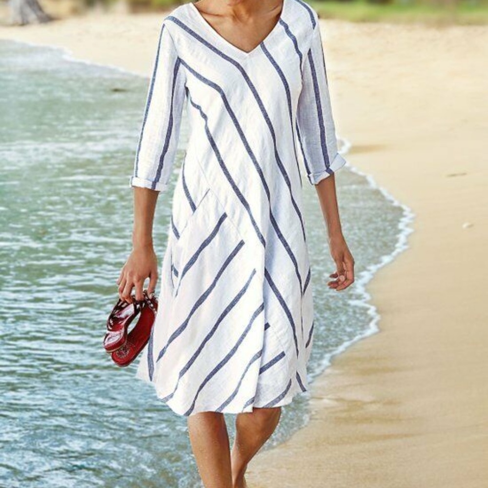 Striped Linen  V Neck Midi Dress "Soft Surroundings" Blue & White  - Medium